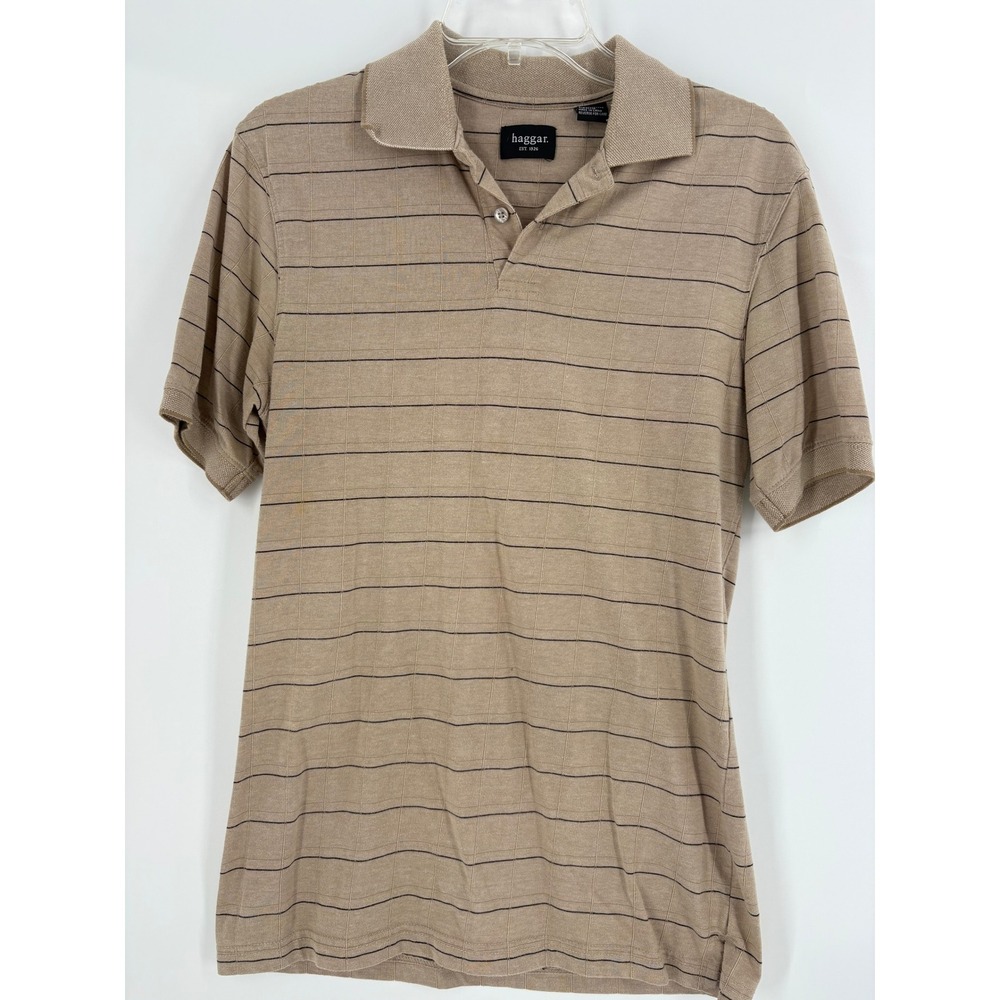 Haggar Mens Size‎ S Short Sleeve Striped Polo Shirt Beige Black Casual Golf Top